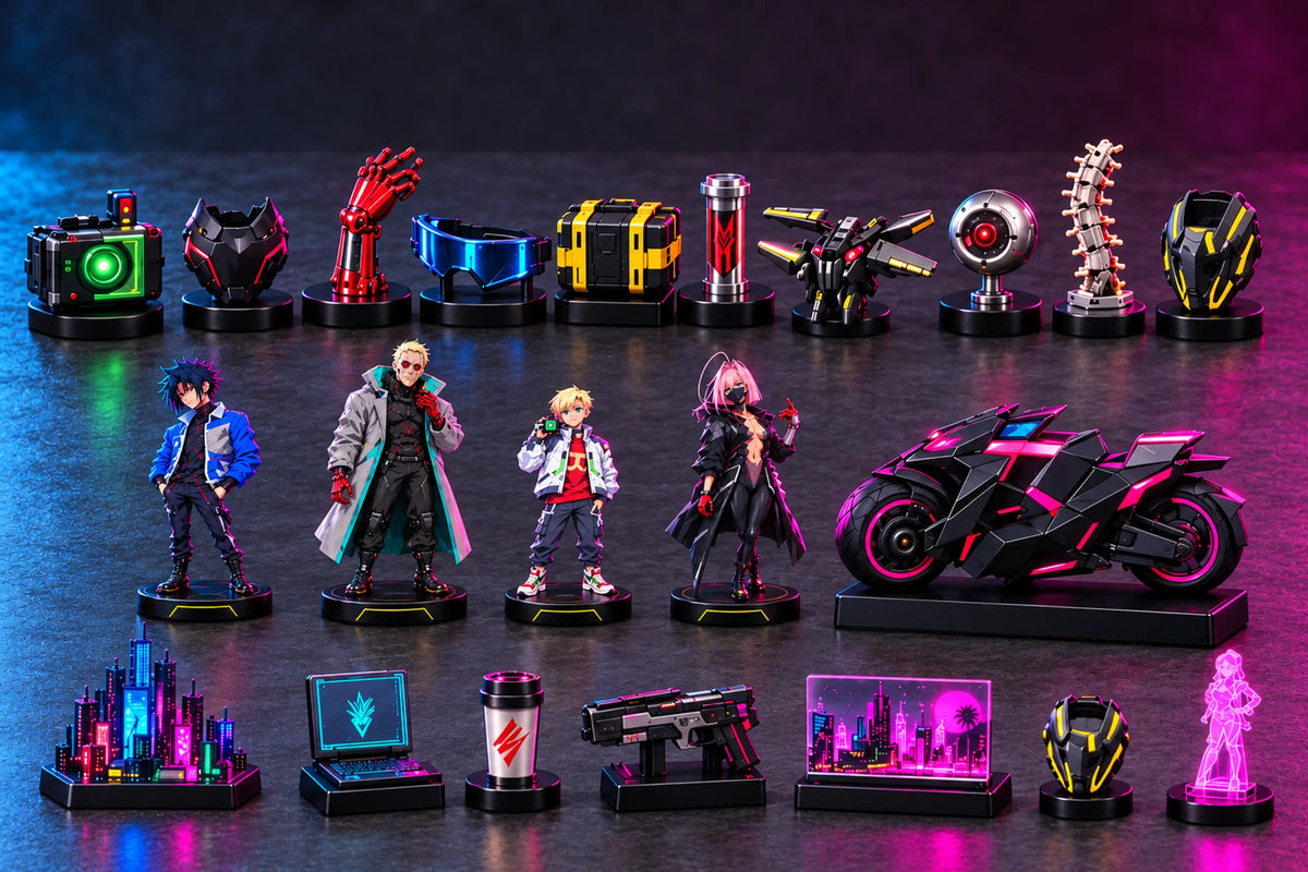 Cyberpunk anime figures and futuristic collectible accessories